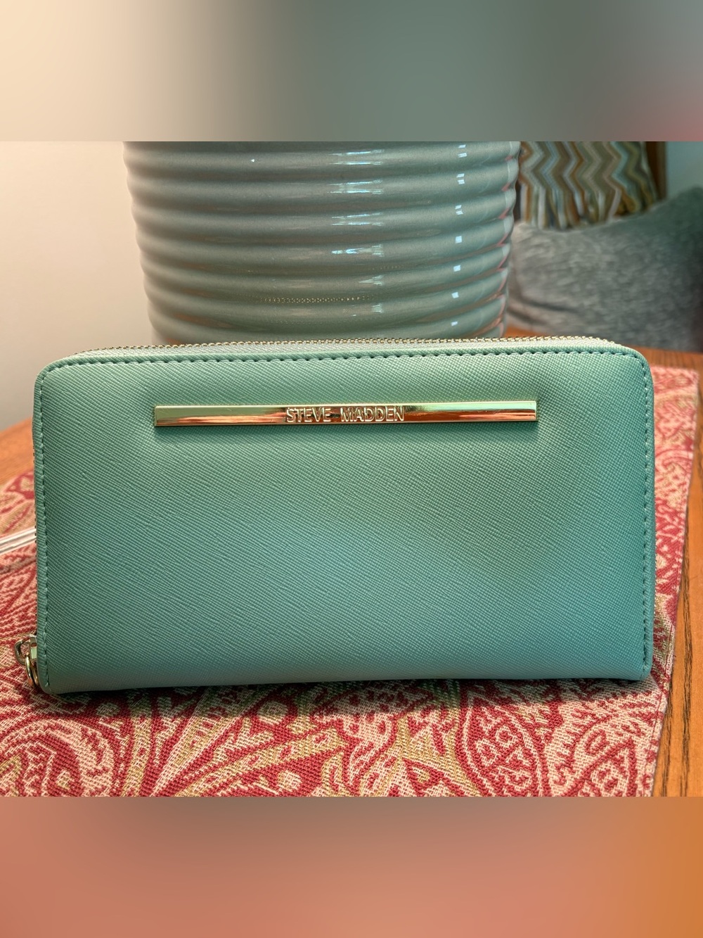 Steve Madden Mint Green Zip-Around Wallet with Gold Accent